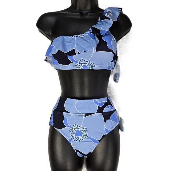 Draper James Other - Draper James Blue Floral Bikini Set One Shoulder Ruffle High Waist UPF 50+ NWT